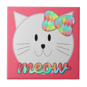 Cute Cat Meow Rainbow Bow Roze Glitter Kat Kinder Tegeltje