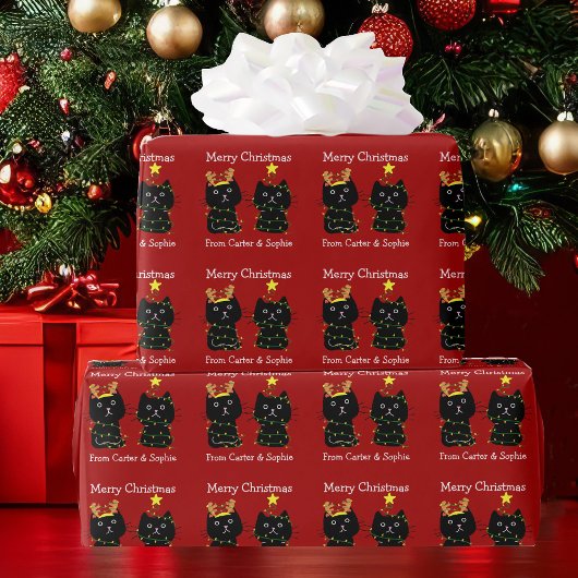Cute Cat Merry-kerstlampjes, speciaal rood Cadeaupapier