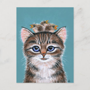 Cute Cat met Baby Vogellente briefkaart