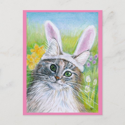 Cute Cat met Bunny Pet Spring roze briefkaart (Voorkant)