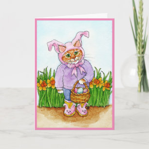 Cute Cat met daffodis in bunny suit Paaskaart Feestdagen Kaart