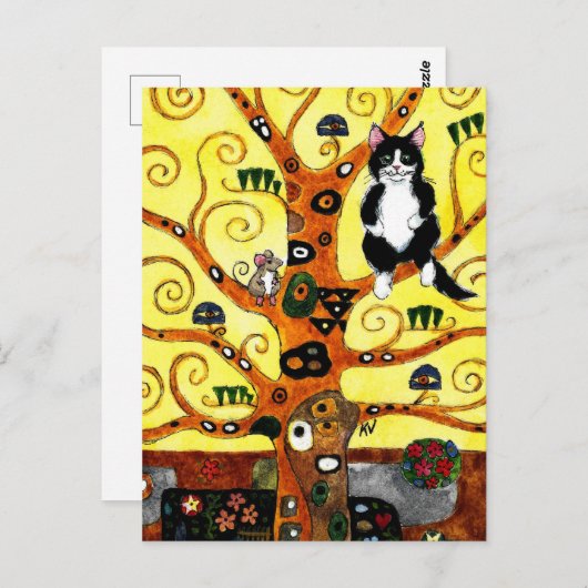 Cute Cat Mouse Klimt Tree de la vie carte postale (Devant / Derrière)