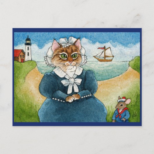 Cute Cat, Muis, vuurtoren, schip, strand briefkaar Briefkaart (Voorkant)