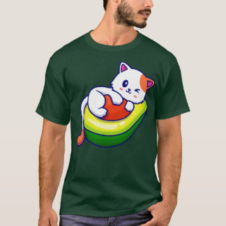 Cute Cat on Avocado Fruit Cartoon T-shirt