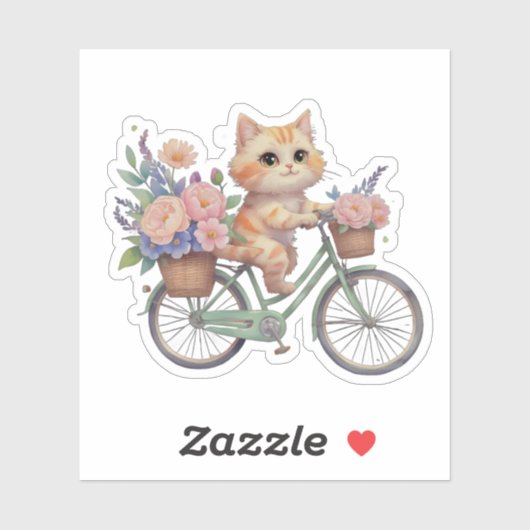 Cute Cat on Floral Bike Sticker (Feuille)