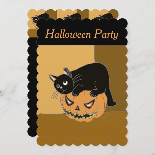 Cute Cat op een uitnodiging van Pumpkin Halloween. (Voorkant / Achterkant)