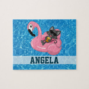 Cute Cat op roze Flamingo Floatie Blue Name Funny Legpuzzel