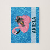 Cute Cat op roze Flamingo Floatie Blue Name Funny Legpuzzel (Verticaal)