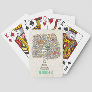 Cute Cat Owl & Birds Sittin in a Tree Illustration Pokerkaarten