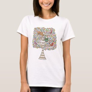 Cute Cat Owl & Birds Sittin in a Tree Illustration T-shirt
