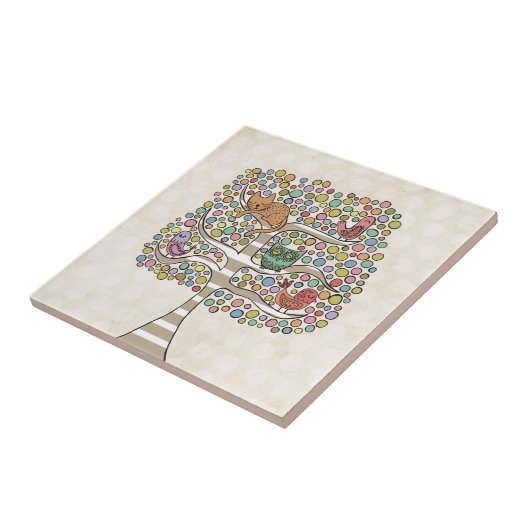 Cute Cat Owl & Birds Sittin in a Tree Illustration Tegeltje (Zijkant)