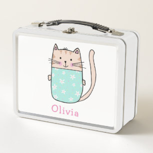 Cute Cat Personated Custom Name Metal Lunch Box