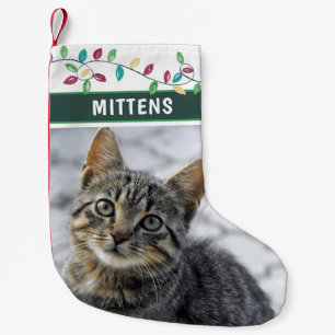 Cute Cat Photo Waterverf Holiday Lights Green Kleine Kerstsok