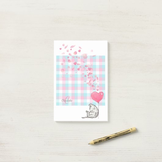 Cute Cat Pink Blue Monogram Post-it® Notes (Op bureau)