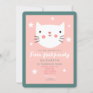 Cute Cat Pink Green Paarse Stars Birthday Kaart
