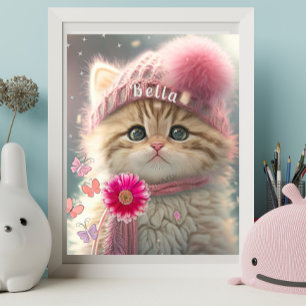 Cute Cat Pink Knit Scarf Pet Floral Poster