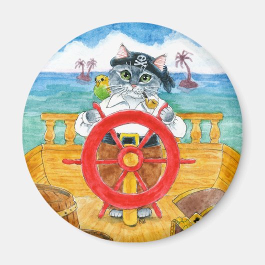 Cute Cat Pirate Budgie Ship Caribbean Zee magnet Magneet (Voorkant)