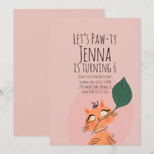 Cute Cat Plant Birthday Party Black Pink Kaart
