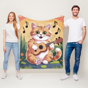 Cute Cat Playing Ukuele Fleece Deken