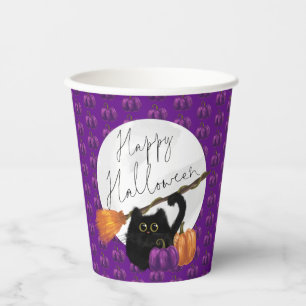Cute Cat Pumpkin Broomstick Paars Happy Halloween Papieren Bekers