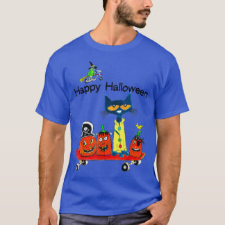 Cute Cat Pumpkin Skateboard Funny Halloween Witch T-shirt