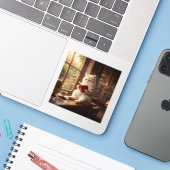 Cute Cat Reading Sticker (Laptop met iPhone)