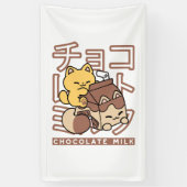 Cute Cat Riding Chocolate Milk Carton Kawaii Art Spandoek (Verticaal)