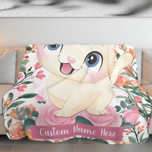 Cute Cat roze Roses Blush Flowers Aangepaste naam Fleece Deken