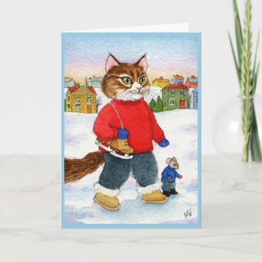 Cute Cat Souris Patinage hiver Carte de vacances (Devant)