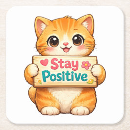 Cute Cat Stay Positive Artwork Vierkante Kartonnen Onderzetter