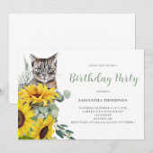 Cute Cat Sunflower Floral Invitation Anniversaire (Devant / Derrière)