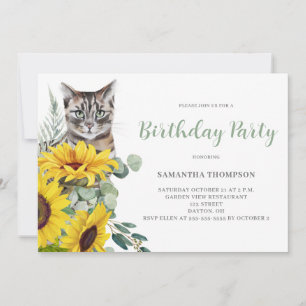 Cute Cat Sunflower Floral Invitation Anniversaire