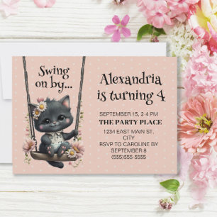 Cute Cat Swing on by Roze Stippen Kind Birthday Kaart