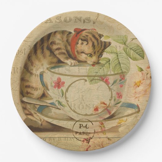 Cute Cat Tea Cup Floral Collage Papieren Bordje (Voorkant)