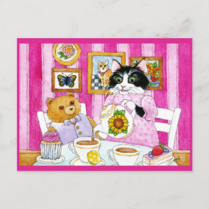 Cute Cat, Teddy Bear, briefkaart theepartij