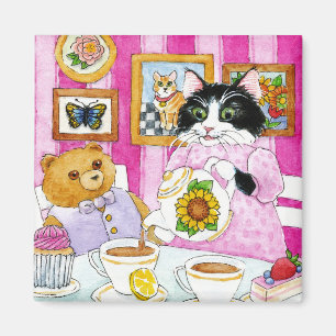 Cute Cat, Teddy Bear, Tea, Cupcake magnet Magneet