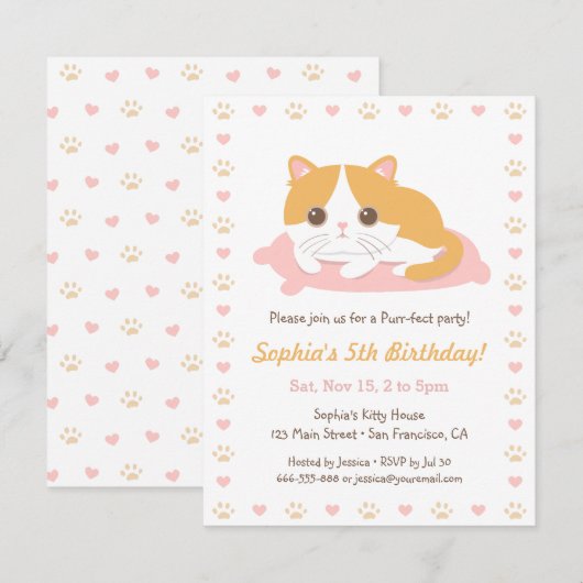 Cute Cat Thème Anniversaire Invitations (Devant / Derrière)