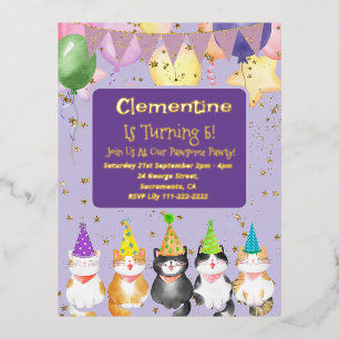 Cute Cat-Thmed Kinder Paarse Birthday Party Folie  Uitnodiging Briefkaart
