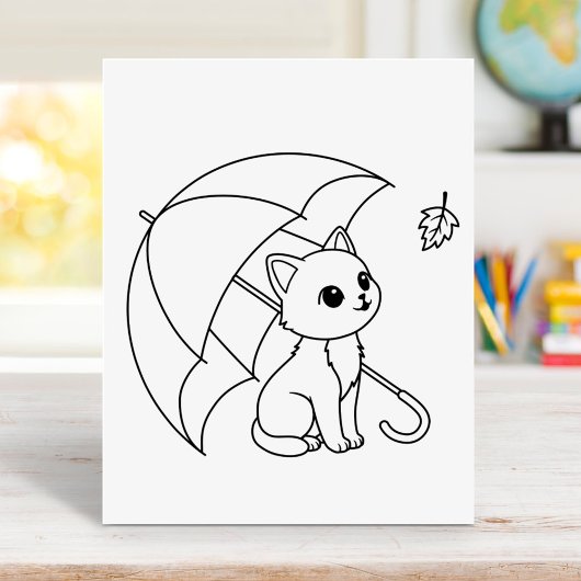 Cute Cat Umbrella Leaf Coloring Page Poster