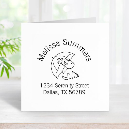 Cute Cat under Umbrella Address Rubber Stamp Rubberstempel