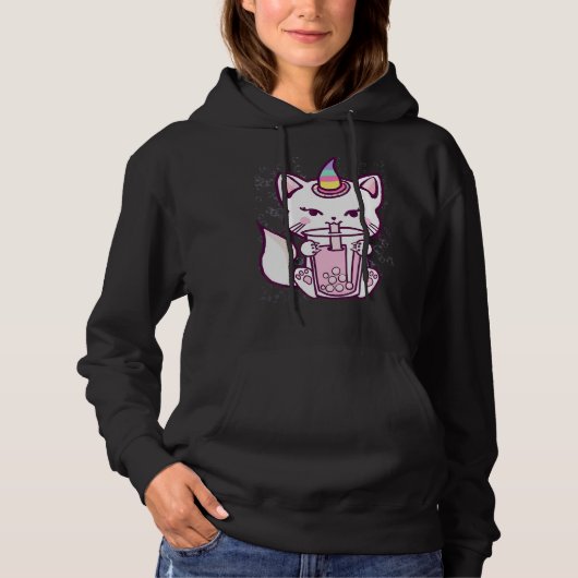 Cute Cat Unicorn Drinking Bubble Tea Design Hoodie (Voorkant)