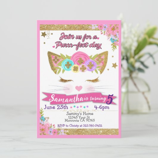 Cute Cat Unicorn invitation fête d'anniversaire (Debout devant)