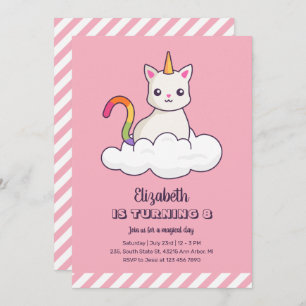 Cute Cat Unicorn over Cloud Girl Birthday Kaart