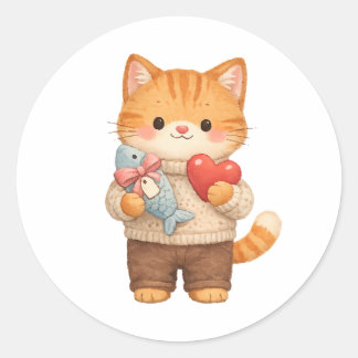 Cute Cat Valentine Kitten Holding Heart Gift Ronde Sticker
