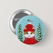 Cute cat, vogelwinter, kerstsneeuwknop ronde button 5,7 cm (Voorkant /achterkant)