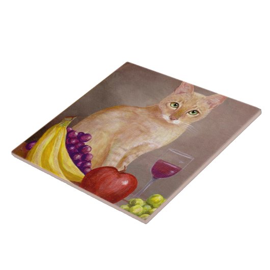 Cute Cat Wine Grapes Apple Bananas Creationarts Tegeltje (Zijkant)