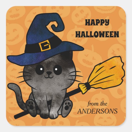 Cute Cat Witch en Broom Halloween Vierkante Sticker (Voorkant)