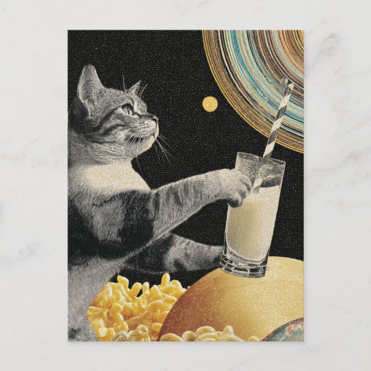 Cute Cat With Milk in Space Briefkaart (Voorkant)
