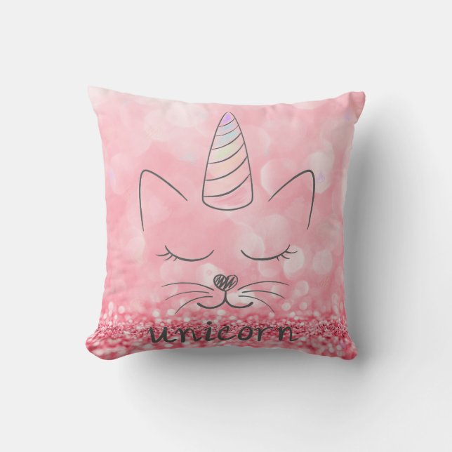 Cute Caticorn | Roze glitter Kussen (Voorkant)