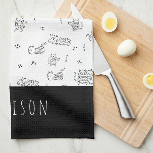 Cute Cats Black en White Doodle Pattern Theedoek (Quarter Fold)